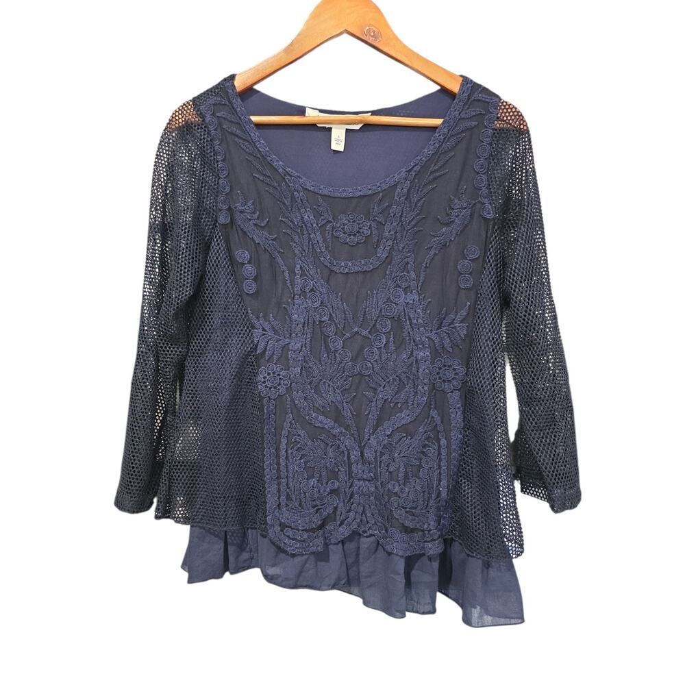 Whimisgoth Tantrums Floral Embroidered Mesh Top Navy Size S